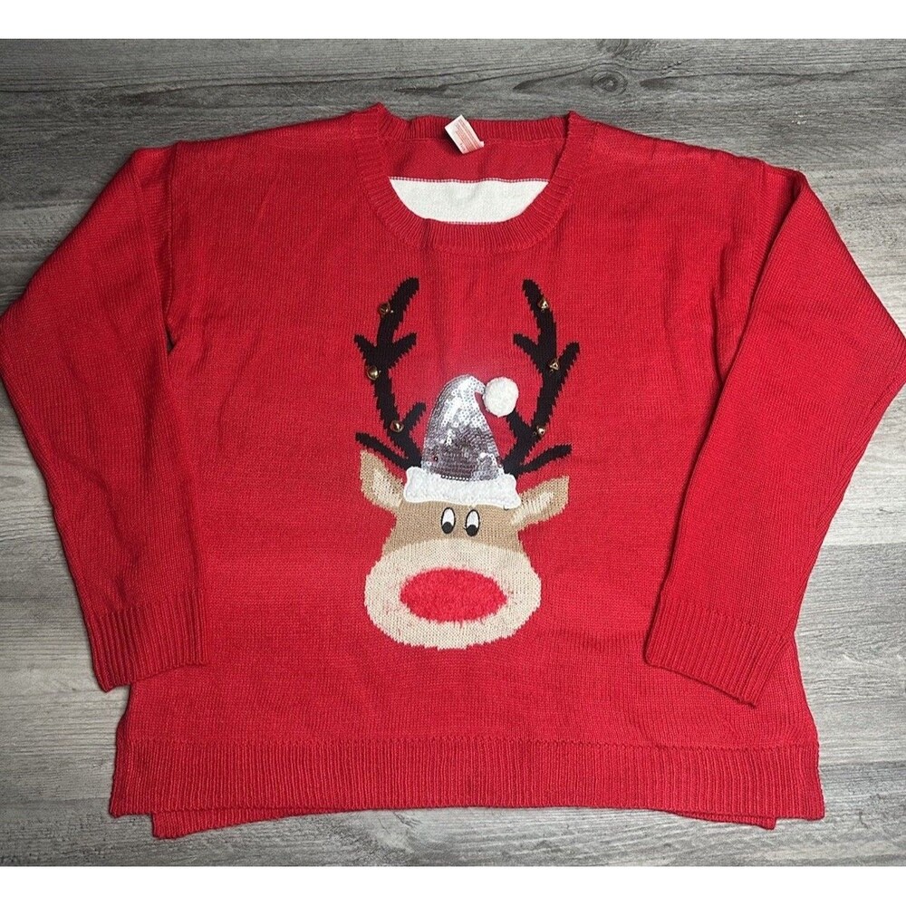 No Boundaries Junior Christmas Reindeer Red White Striped Holiday Sweater XL NWT